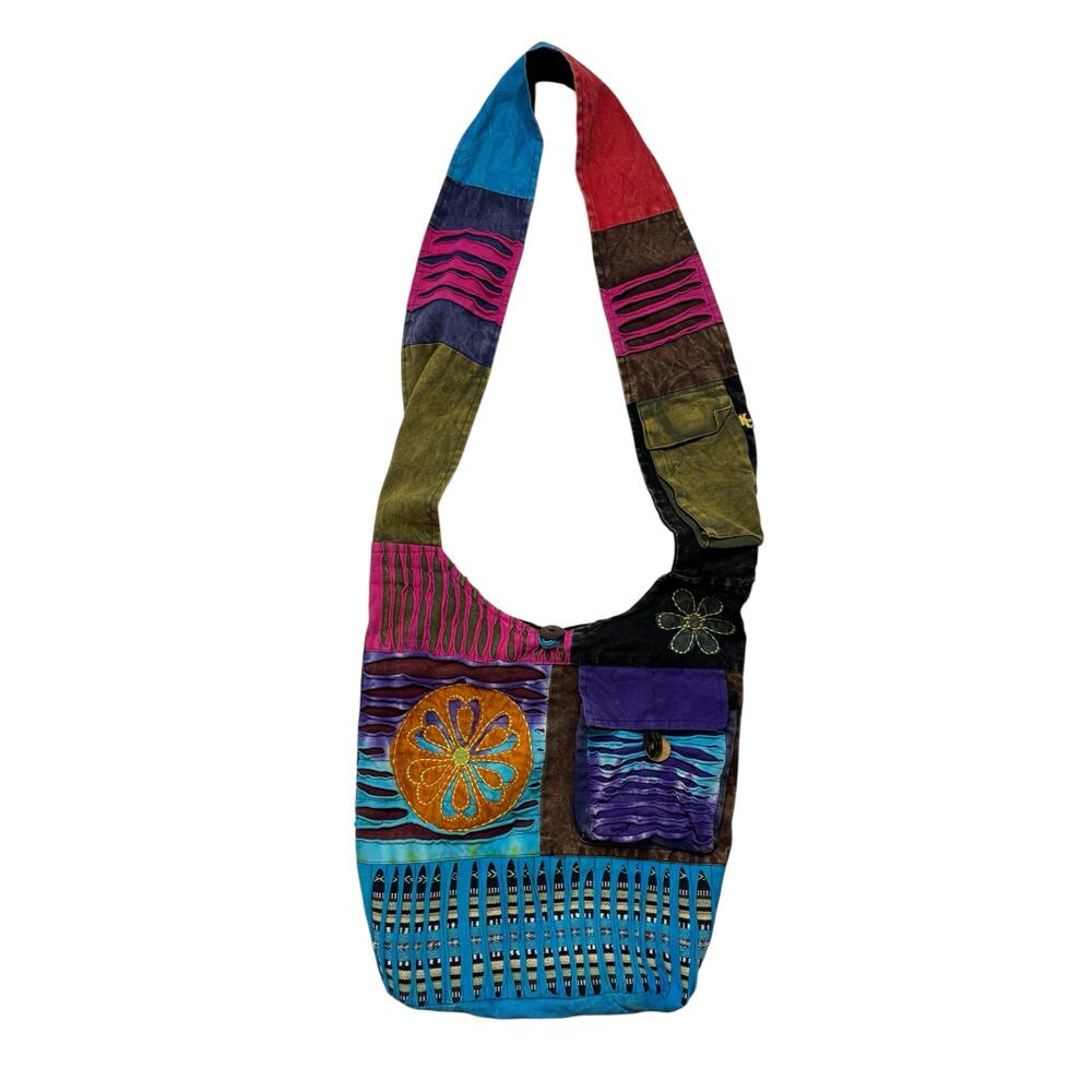 Boho Hippie Crossbody Tote Bag Multicolor Cotton Zipper Nepal Embroidered - Picture 2 of 8